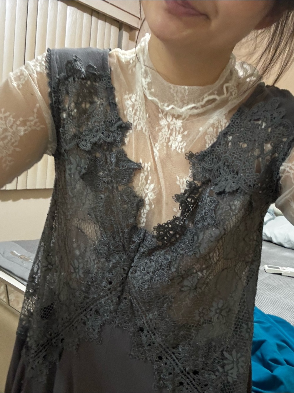 POL Lace Overlay Gray Tank Top